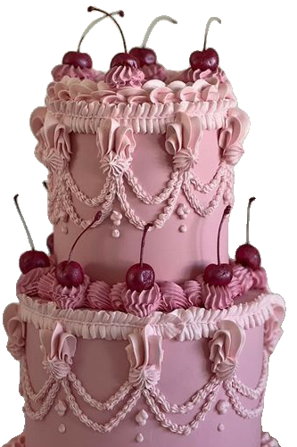 Gâteau rose avec des cerises et des motifs